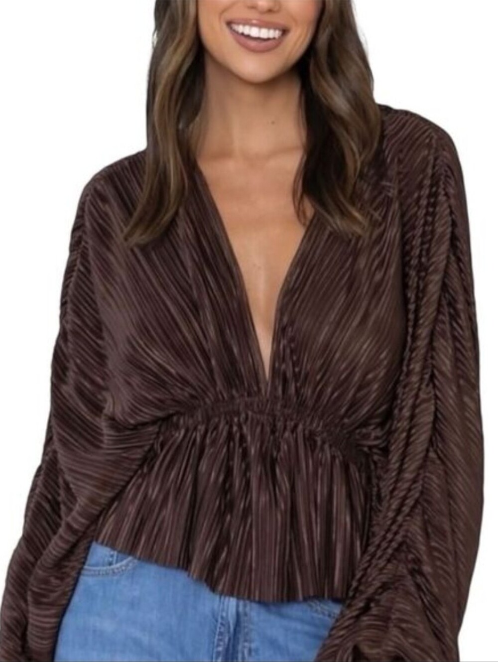 Showpo NWT Wiluna Chocolate Brown Plisse Balloon Long Sleeve Pleated Top Size 16